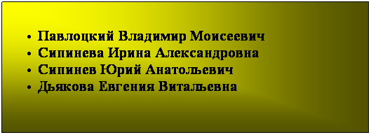 Подпись: Павлоцкий Владимир Моисеевич
Сипинева Ирина Александровна
Сипинев Юрий Анатольевич
Дьякова Евгения Витальевна
